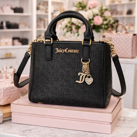 Juicy Couture Handbags - NWT Juicy Couture Lucky Charms Mini Tote Bag Black Monogram w/ Gold Charm